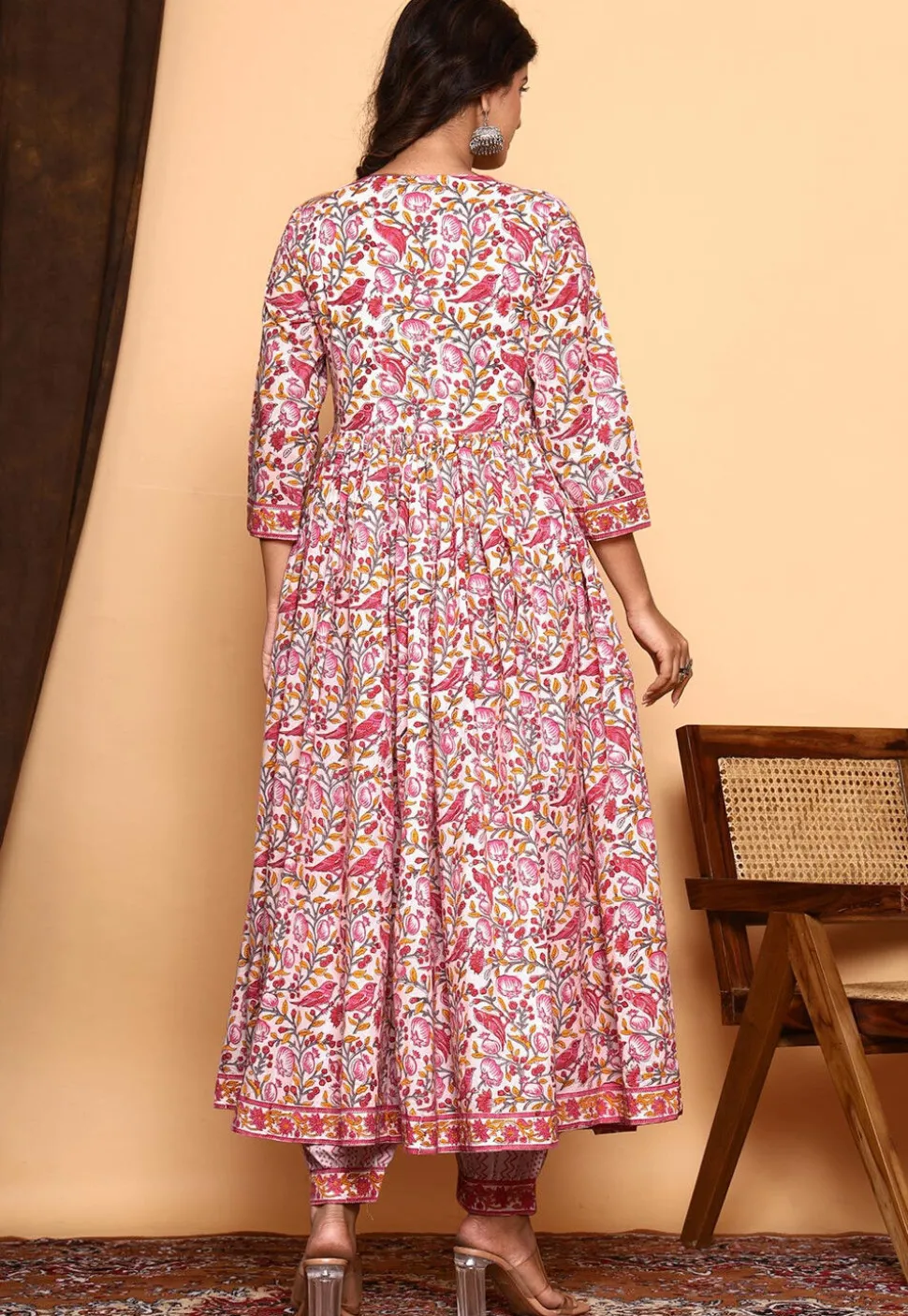Block Printed Cotton Aline Suit in Off White