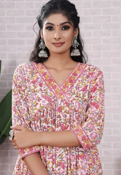 Block Printed Cotton Aline Suit in Off White