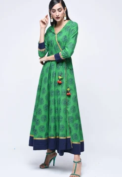 Block Printed Cotton Angrakha Style Kurta in Green