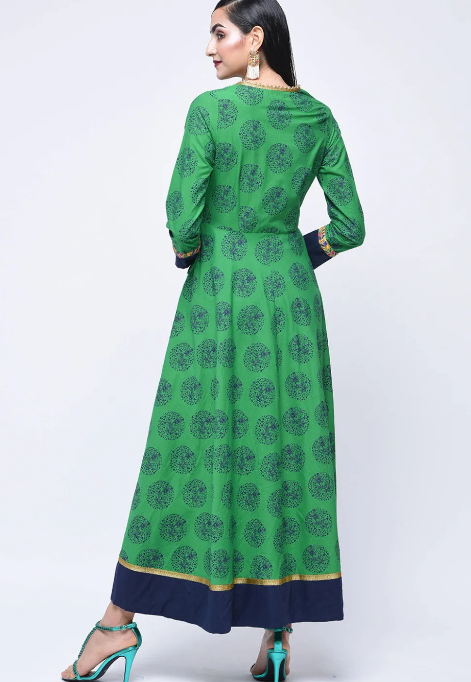 Block Printed Cotton Angrakha Style Kurta in Green