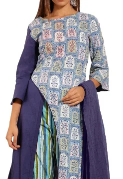 Block Printed Cotton Asymmetric A Line Suit in Blue