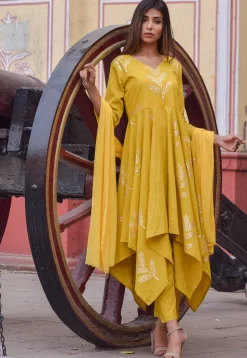Block Printed Cotton Asymmetric Pakistani Suit in Mustard
