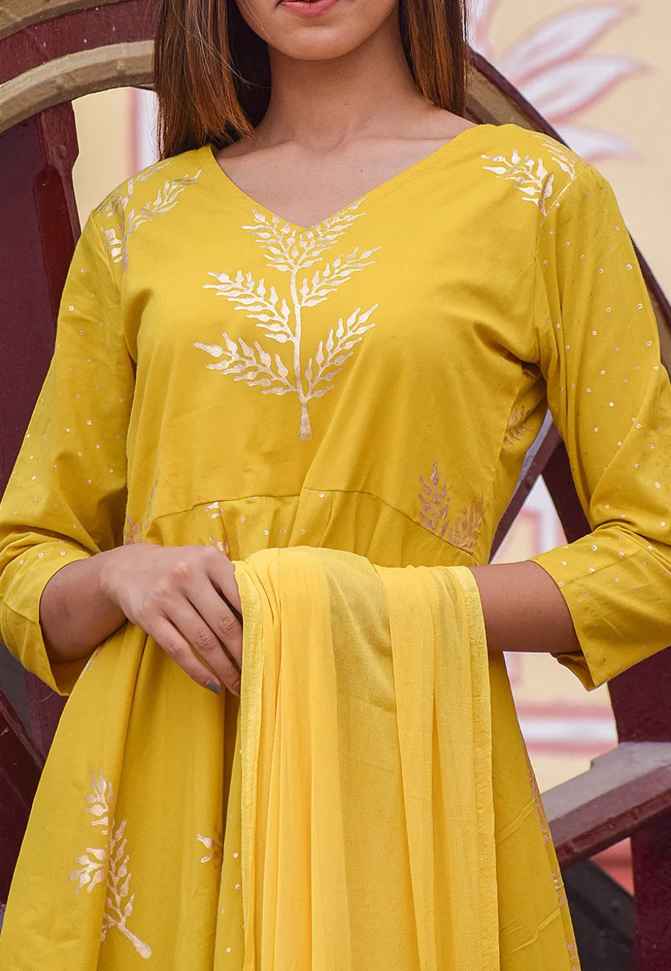 Block Printed Cotton Asymmetric Pakistani Suit in Mustard