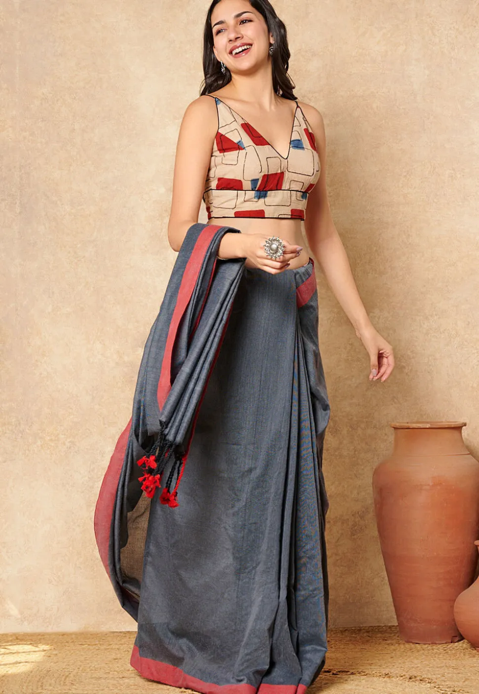 Block Printed Cotton Blouse in Beige