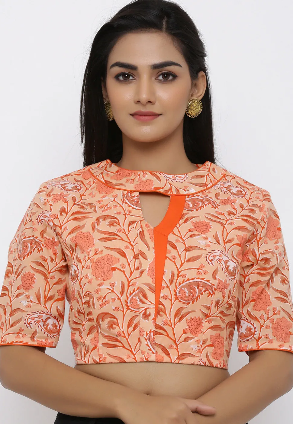 Block Printed Cotton Blouse in Peach