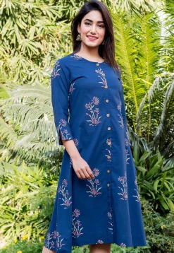 Block Printed Cotton Button Down Kurta in Dark Blue
