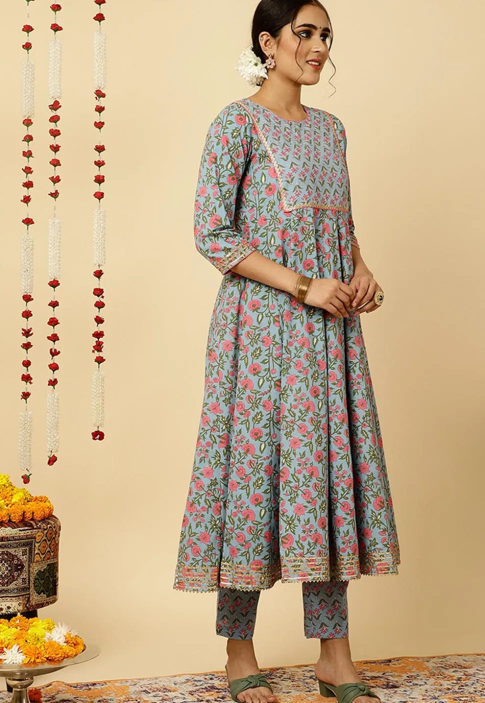 Block Printed Cotton Cambric Anarkali Suit in Light Blue