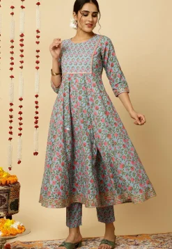 Block Printed Cotton Cambric Anarkali Suit in Light Blue