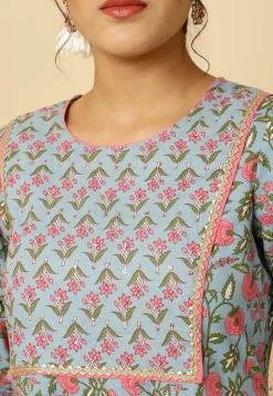Block Printed Cotton Cambric Anarkali Suit in Light Blue