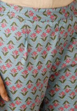 Block Printed Cotton Cambric Anarkali Suit in Light Blue