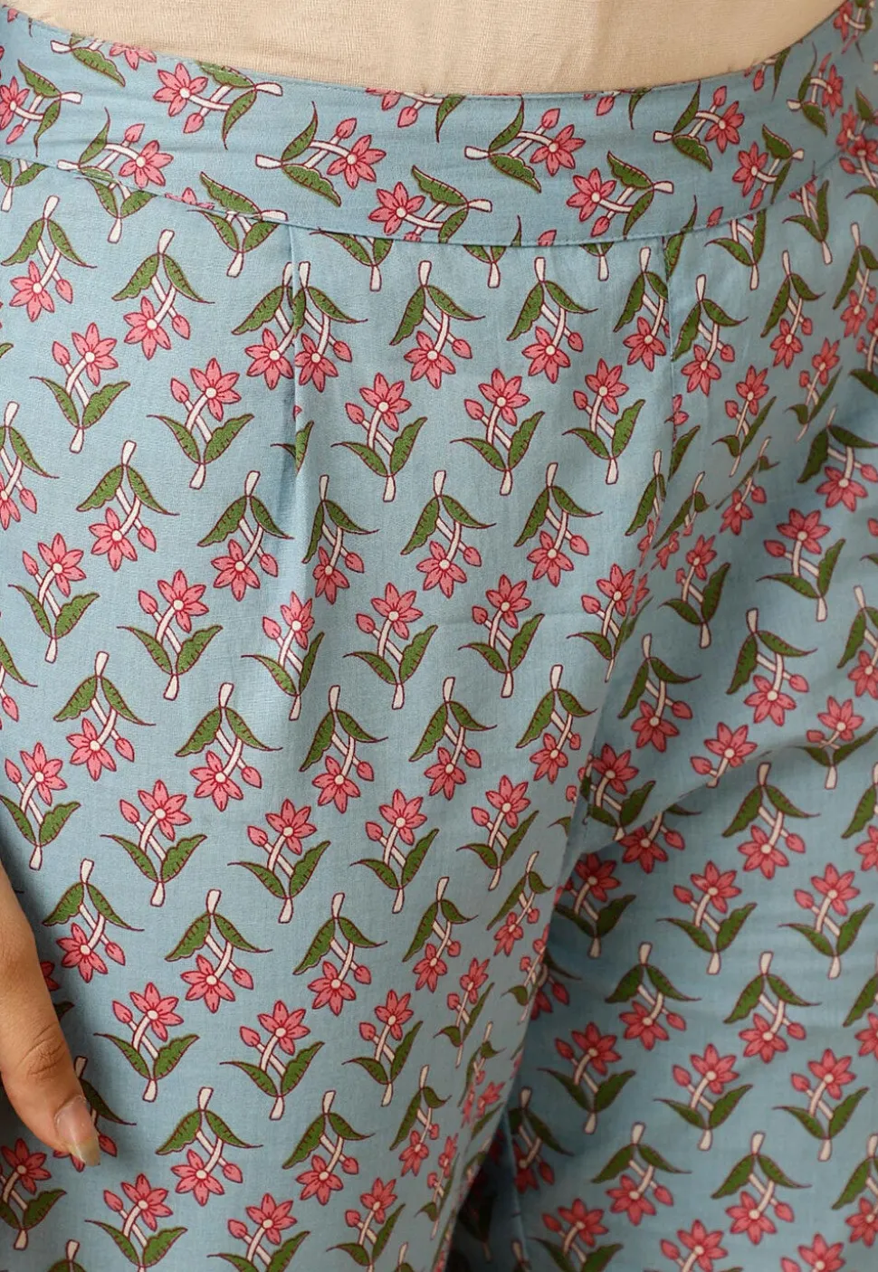 Block Printed Cotton Cambric Anarkali Suit in Light Blue
