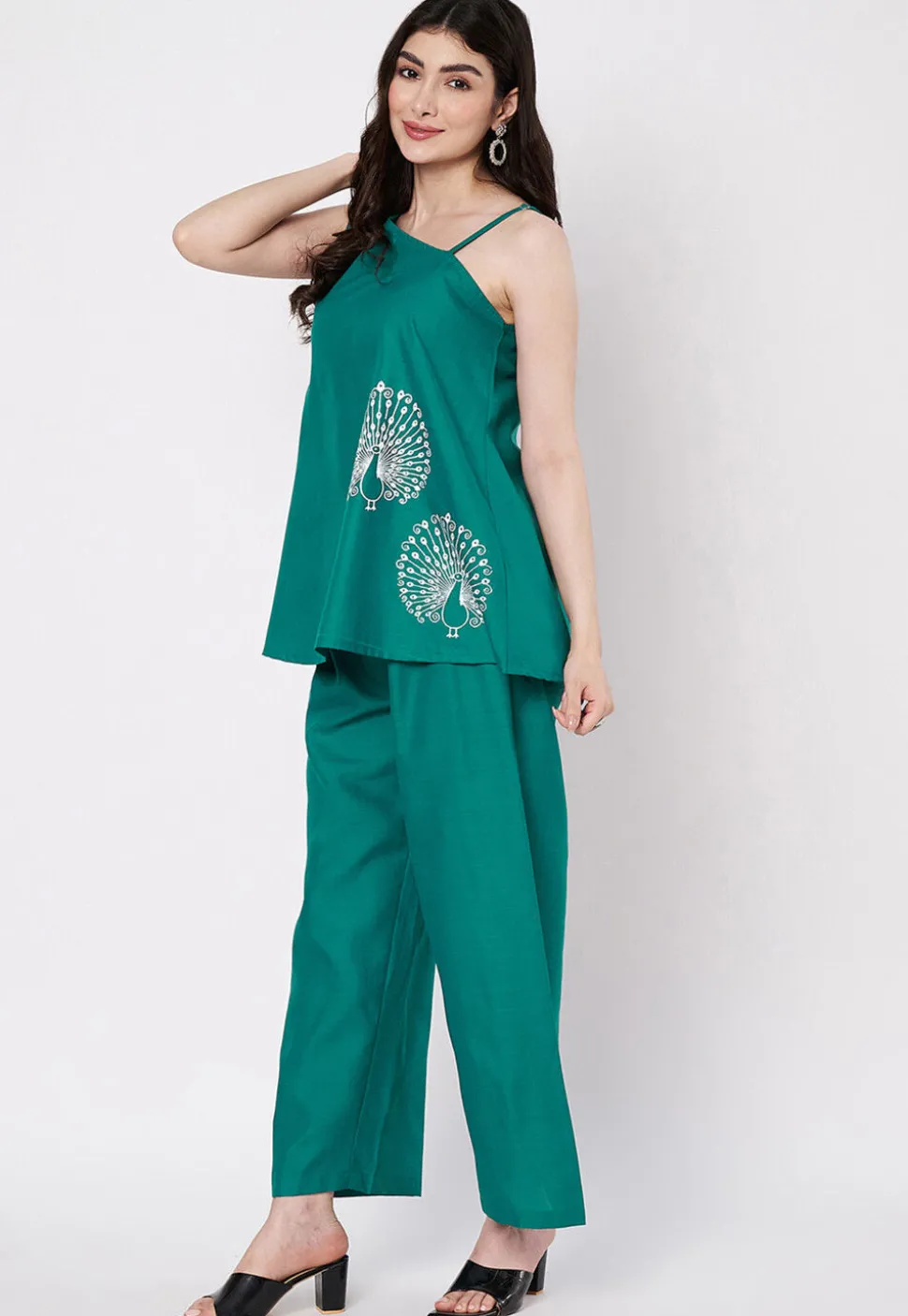 Block Printed Cotton Co Ord Set in Teal Green