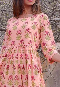 Block Printed Cotton Dress in Peach