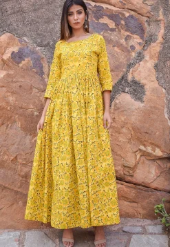 Block Printed Cotton Dress in Yellow