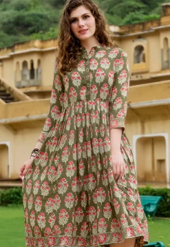 Block Printed Cotton Fit N Flare Dress in Olive Green