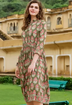Block Printed Cotton Fit N Flare Dress in Olive Green