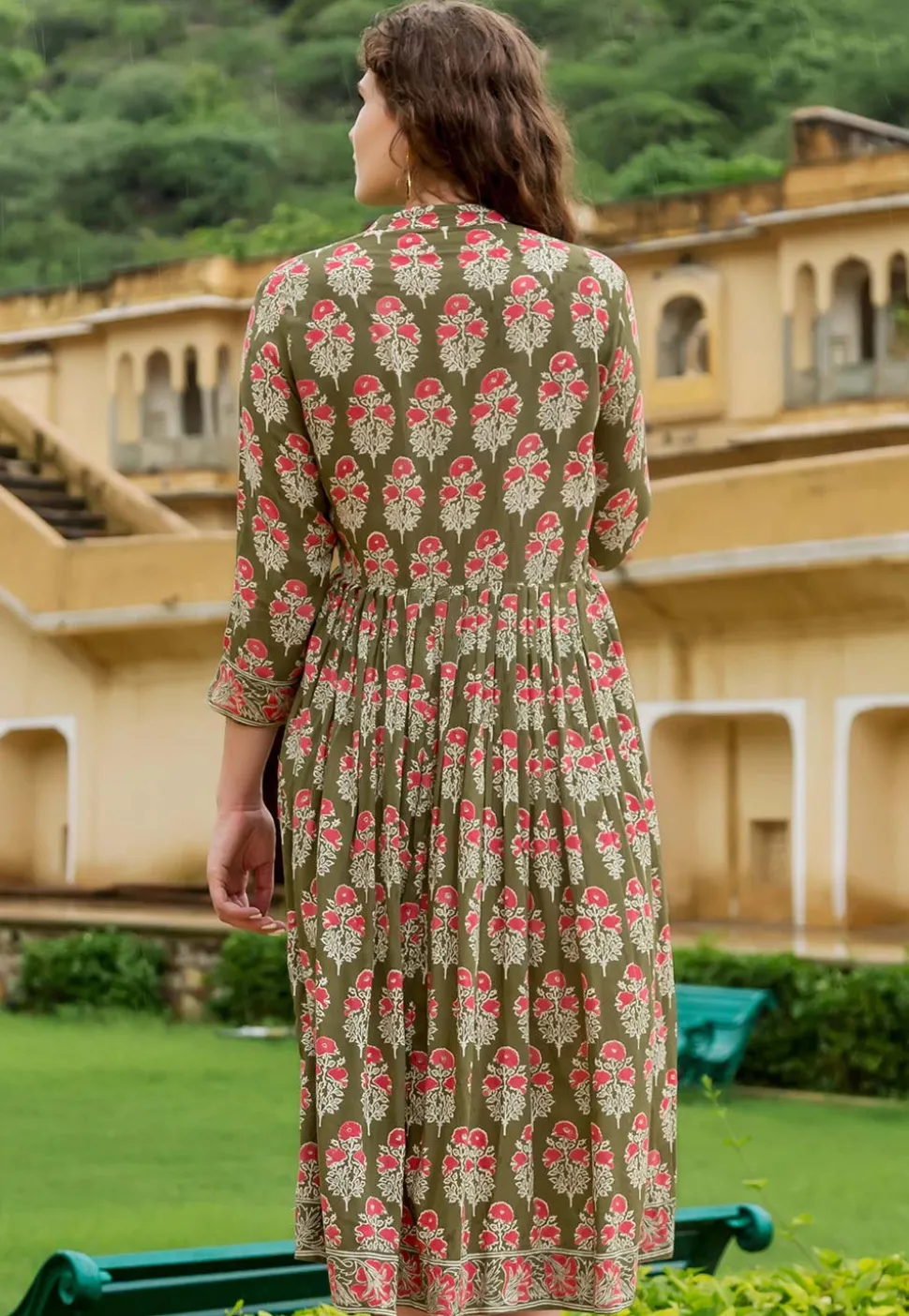 Block Printed Cotton Fit N Flare Dress in Olive Green