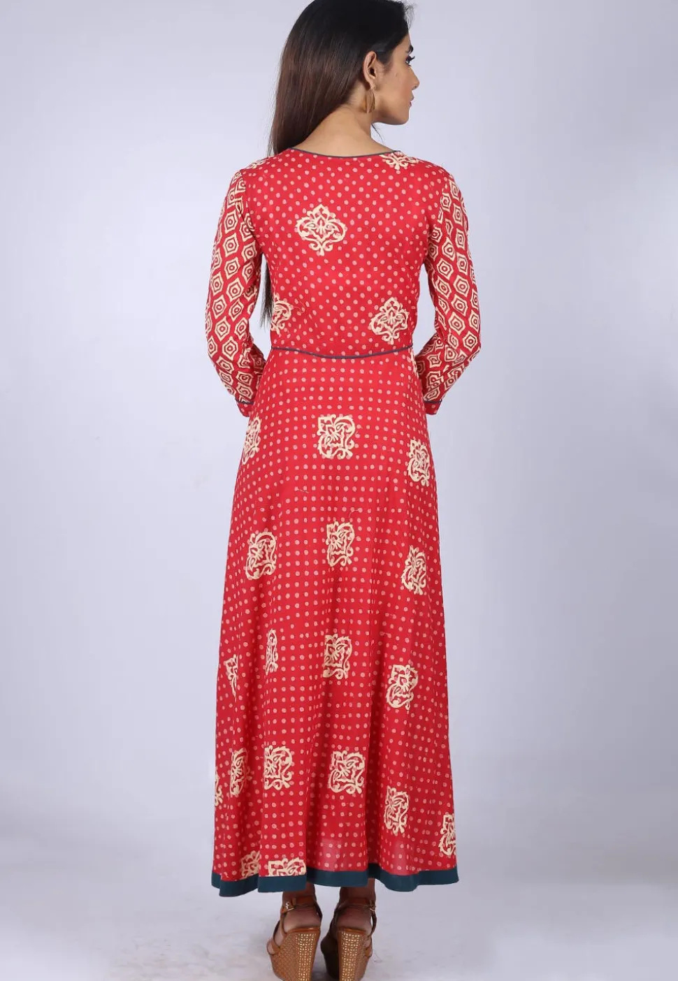 Block Printed Cotton Flared Kurta in Red