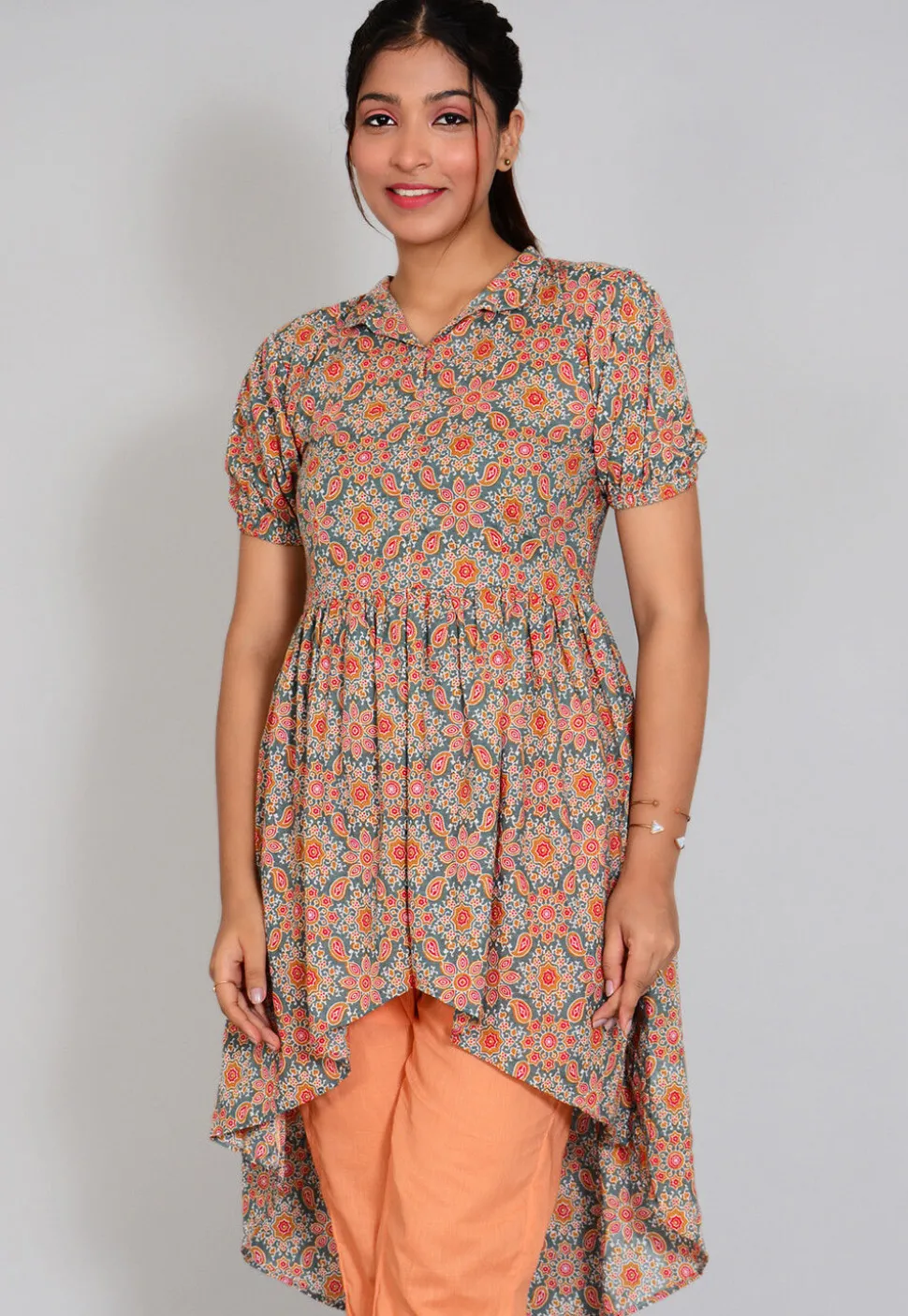 Block Printed Cotton High Low Tunic in Grey