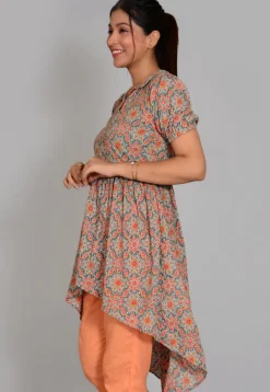 Block Printed Cotton High Low Tunic in Grey