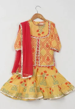 Block Printed Cotton Jacket Style Pakistani Suit in Light Yellow