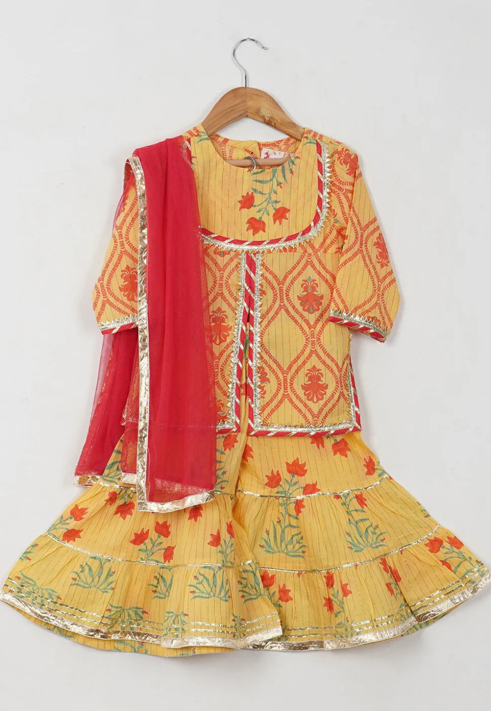 Block Printed Cotton Jacket Style Pakistani Suit in Light Yellow
