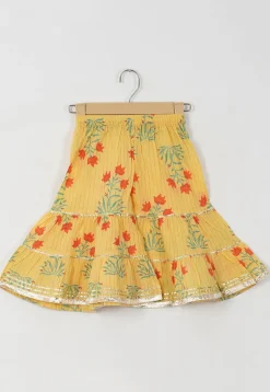 Block Printed Cotton Jacket Style Pakistani Suit in Light Yellow