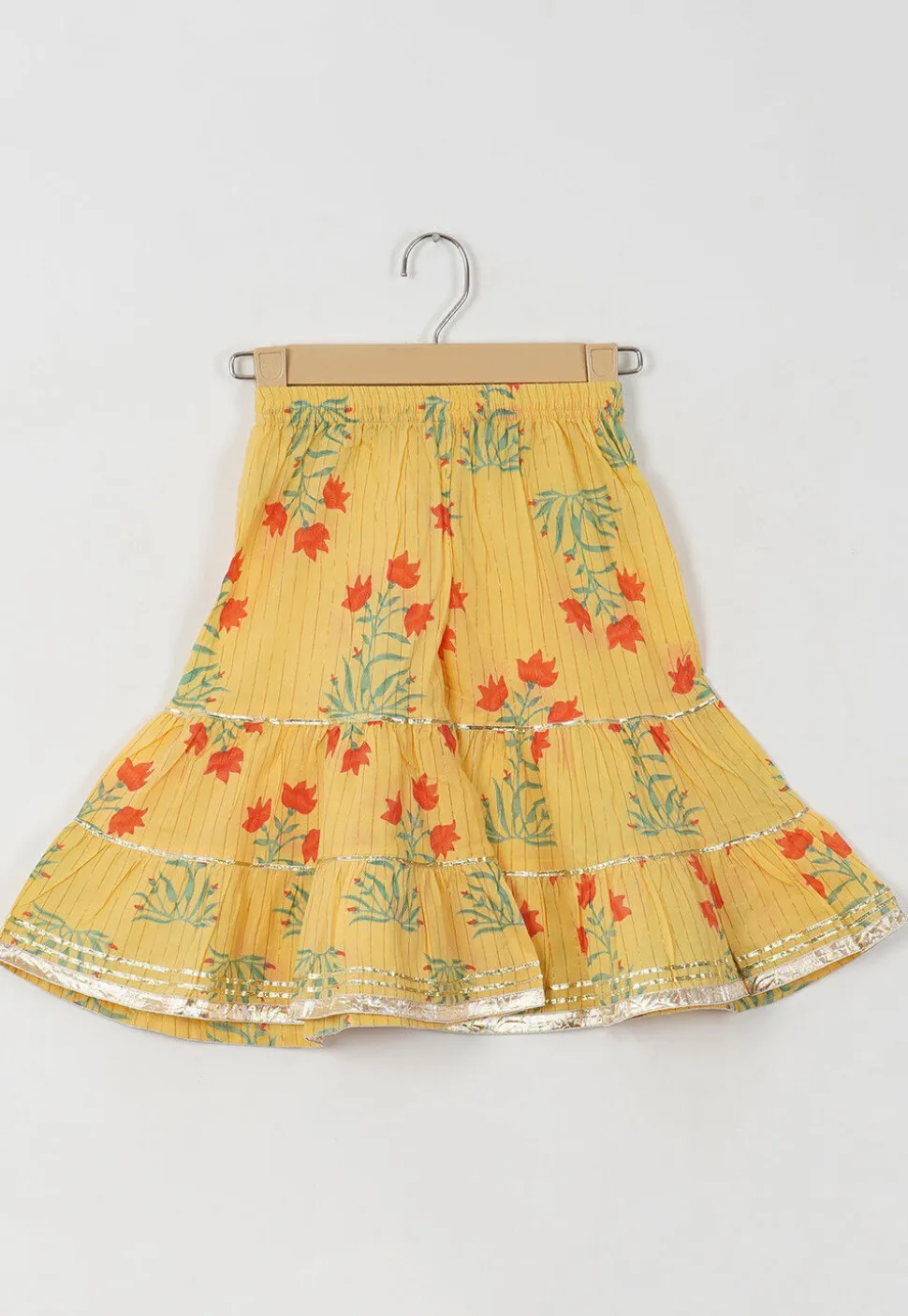 Block Printed Cotton Jacket Style Pakistani Suit in Light Yellow