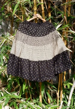Block Printed Cotton Kids Tiered Skirt in Black and Beige