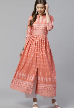 Block Printed Cotton Kurta in Peach