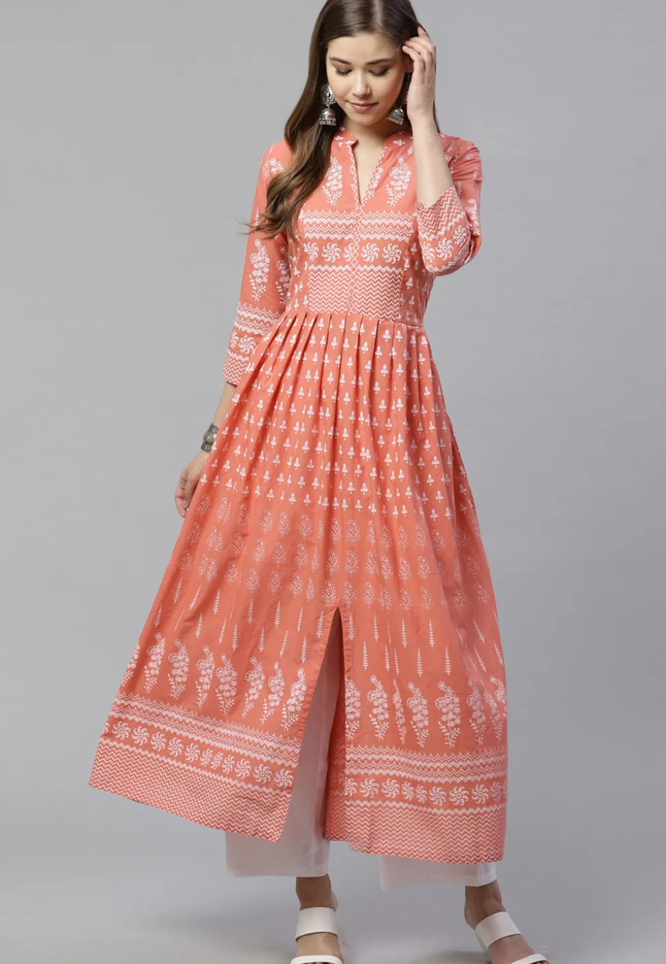 Block Printed Cotton Kurta in Peach