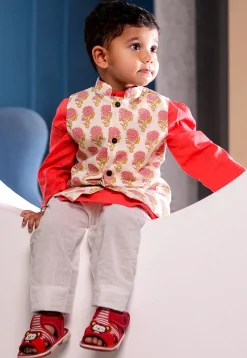 Block Printed Cotton Kurta Set in Dark Peach and Off White