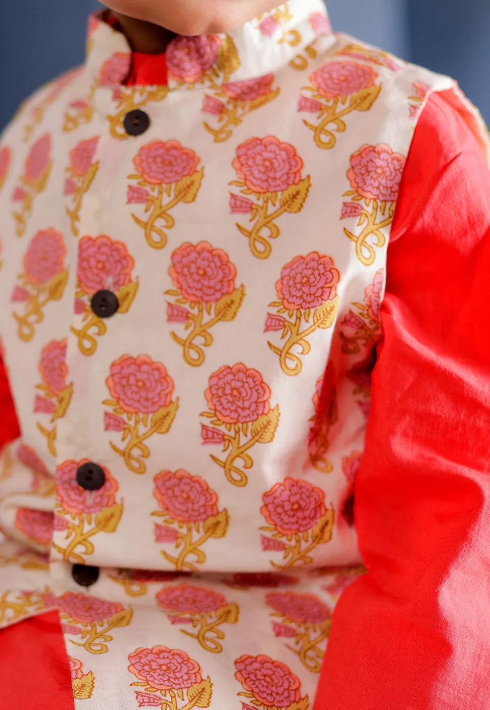 Block Printed Cotton Kurta Set in Dark Peach and Off White