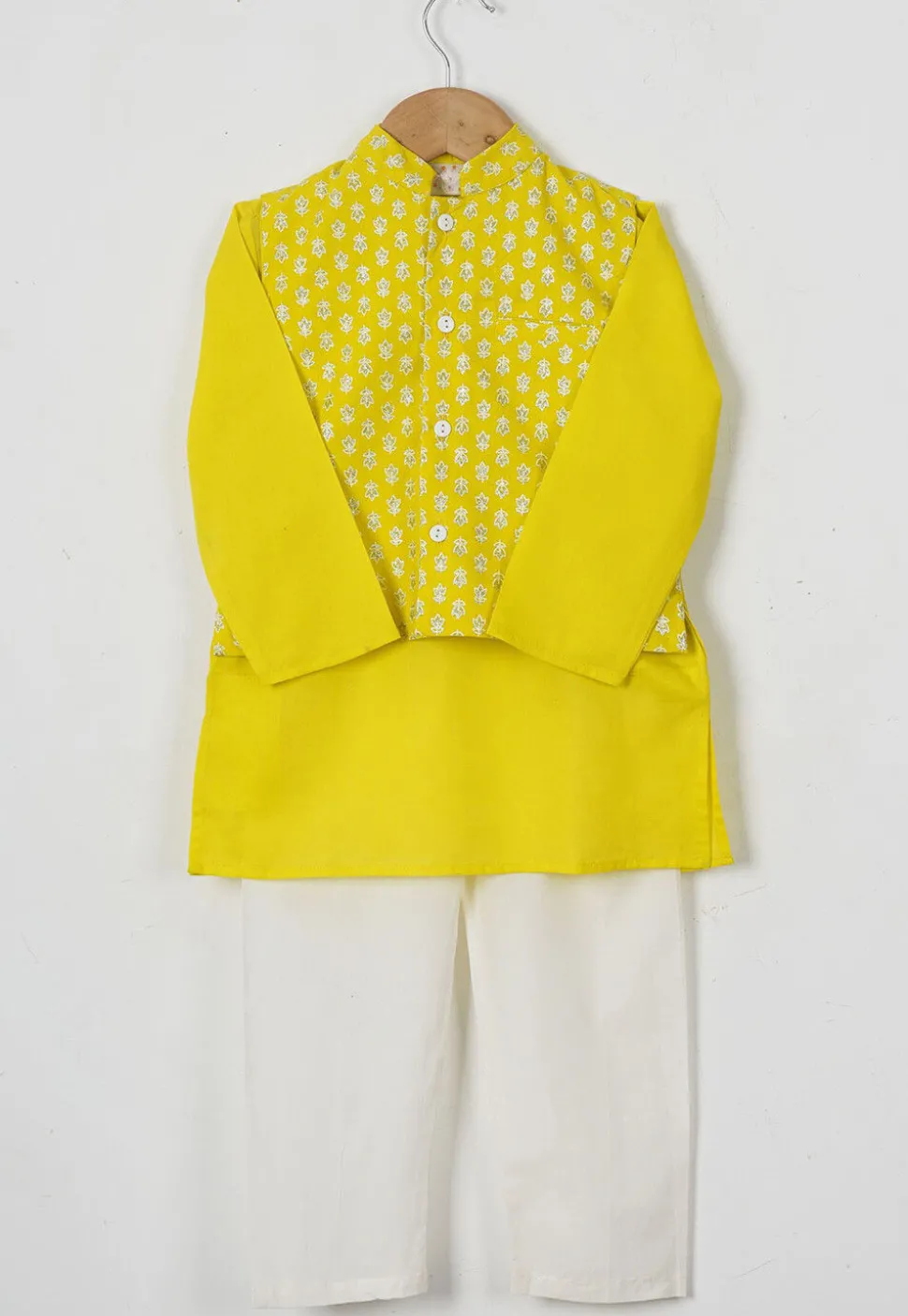 Block Printed Cotton Kurta Set in Yellow