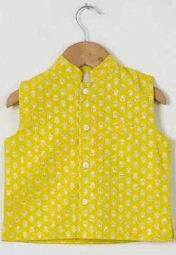 Block Printed Cotton Kurta Set in Yellow