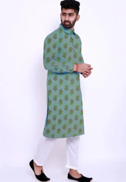 Block Printed Cotton Kurta Set in See Green