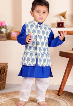Block Printed Cotton Kurta Set in Royal Blue and Off White