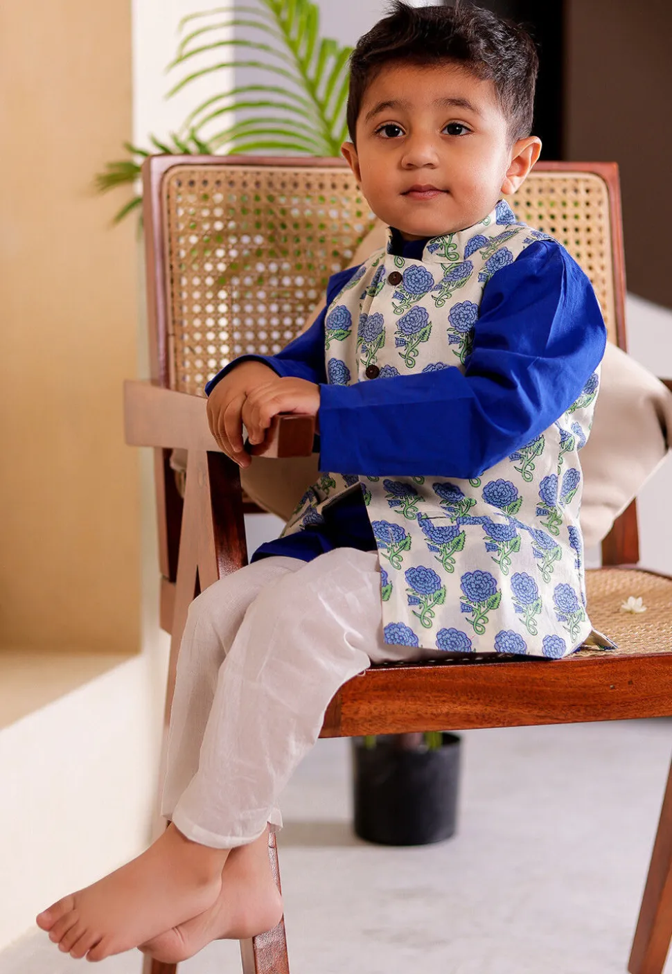 Block Printed Cotton Kurta Set in Royal Blue and Off White