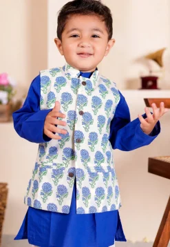 Block Printed Cotton Kurta Set in Royal Blue and Off White