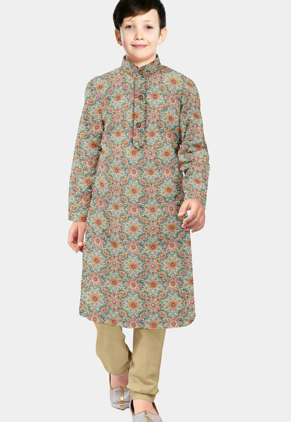 Block Printed Cotton Kurta Set in Dusty Green