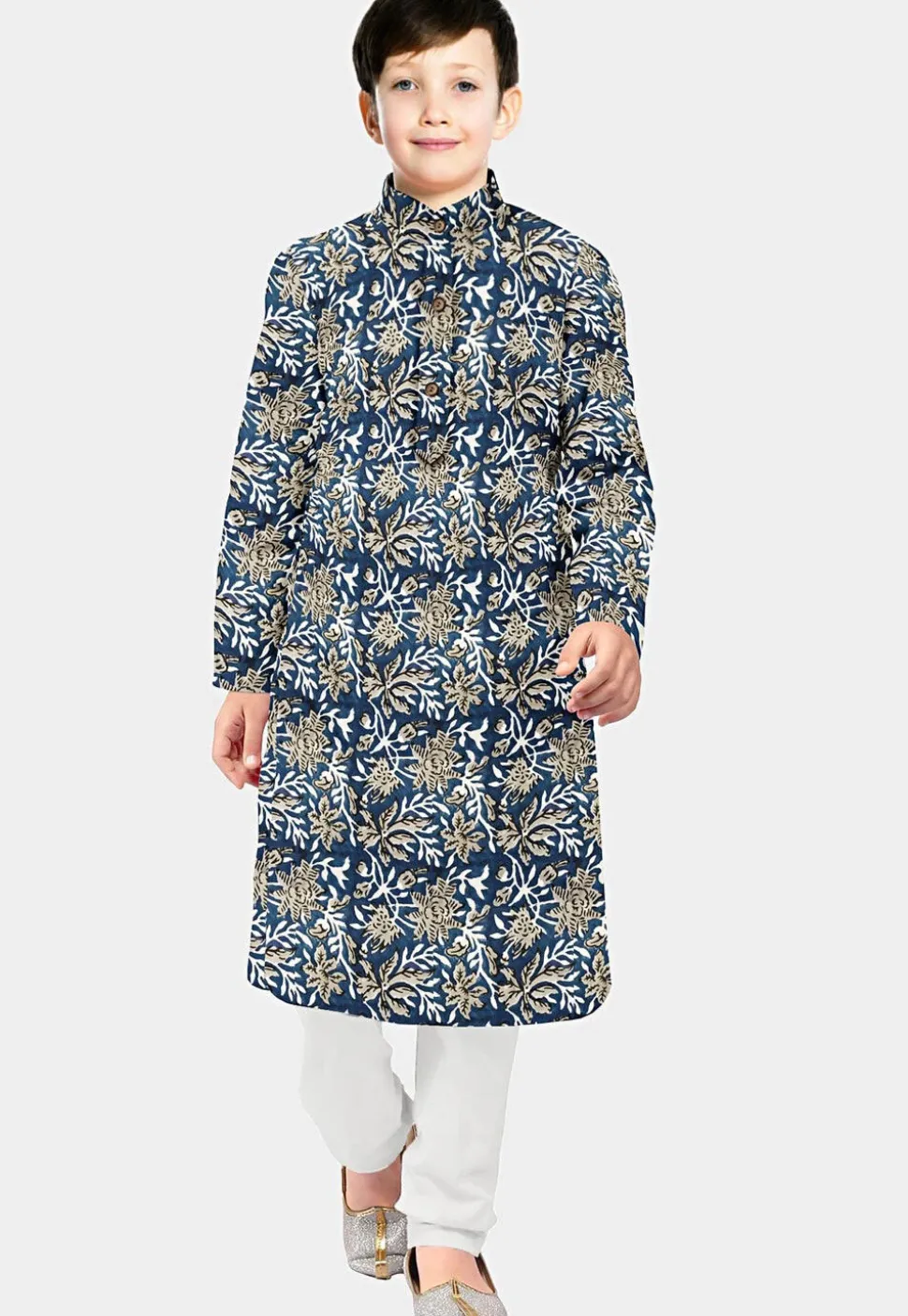 Block Printed Cotton Kurta Set in Indigo Blue