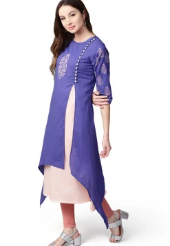 Block Printed Cotton Layered Kurta in Indigo Blue and Peach