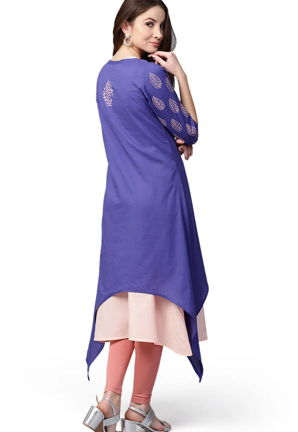 Block Printed Cotton Layered Kurta in Indigo Blue and Peach