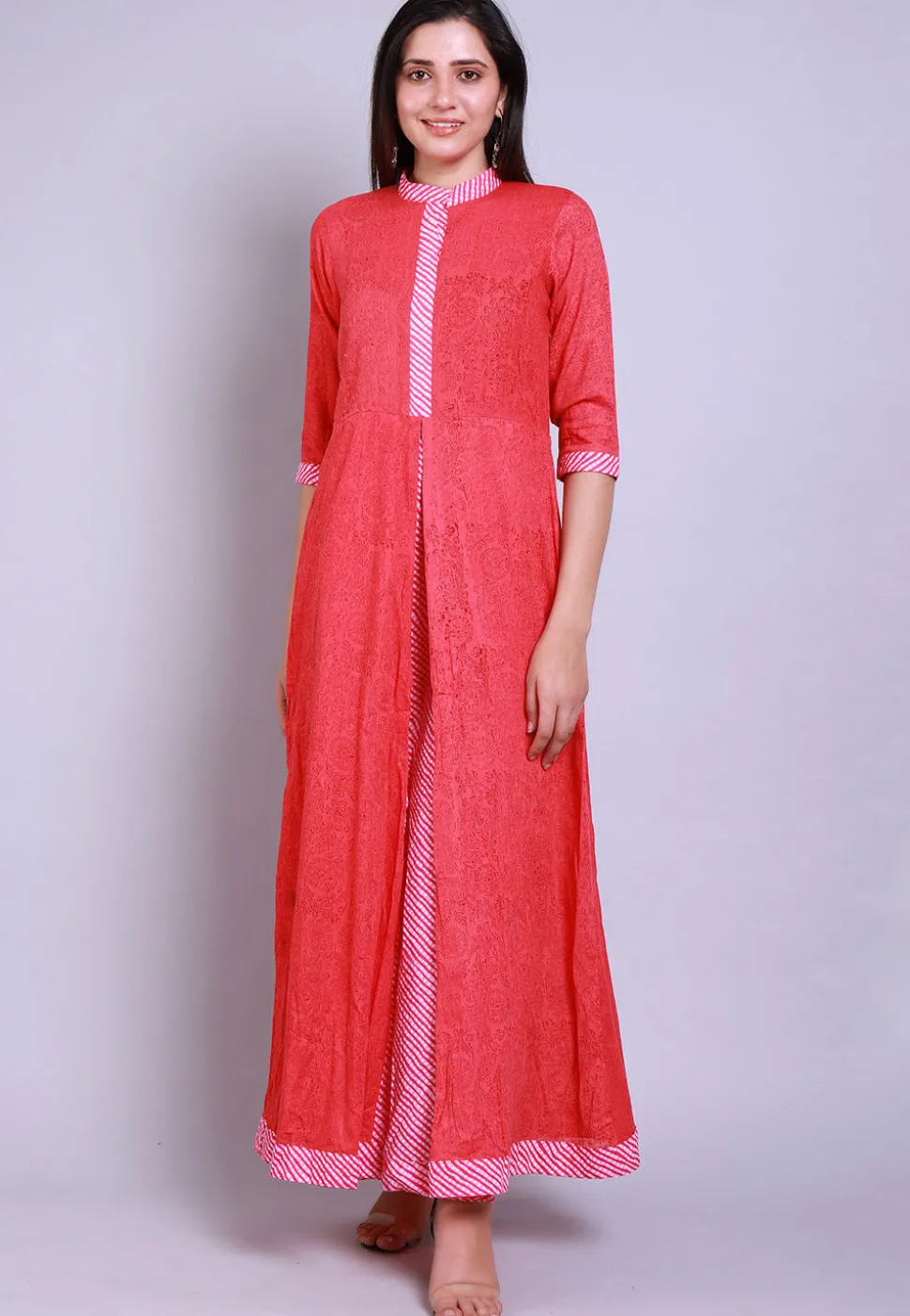 Block Printed Cotton Layered Kurta in Coral Pink