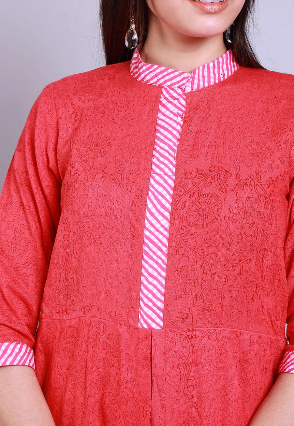 Block Printed Cotton Layered Kurta in Coral Pink