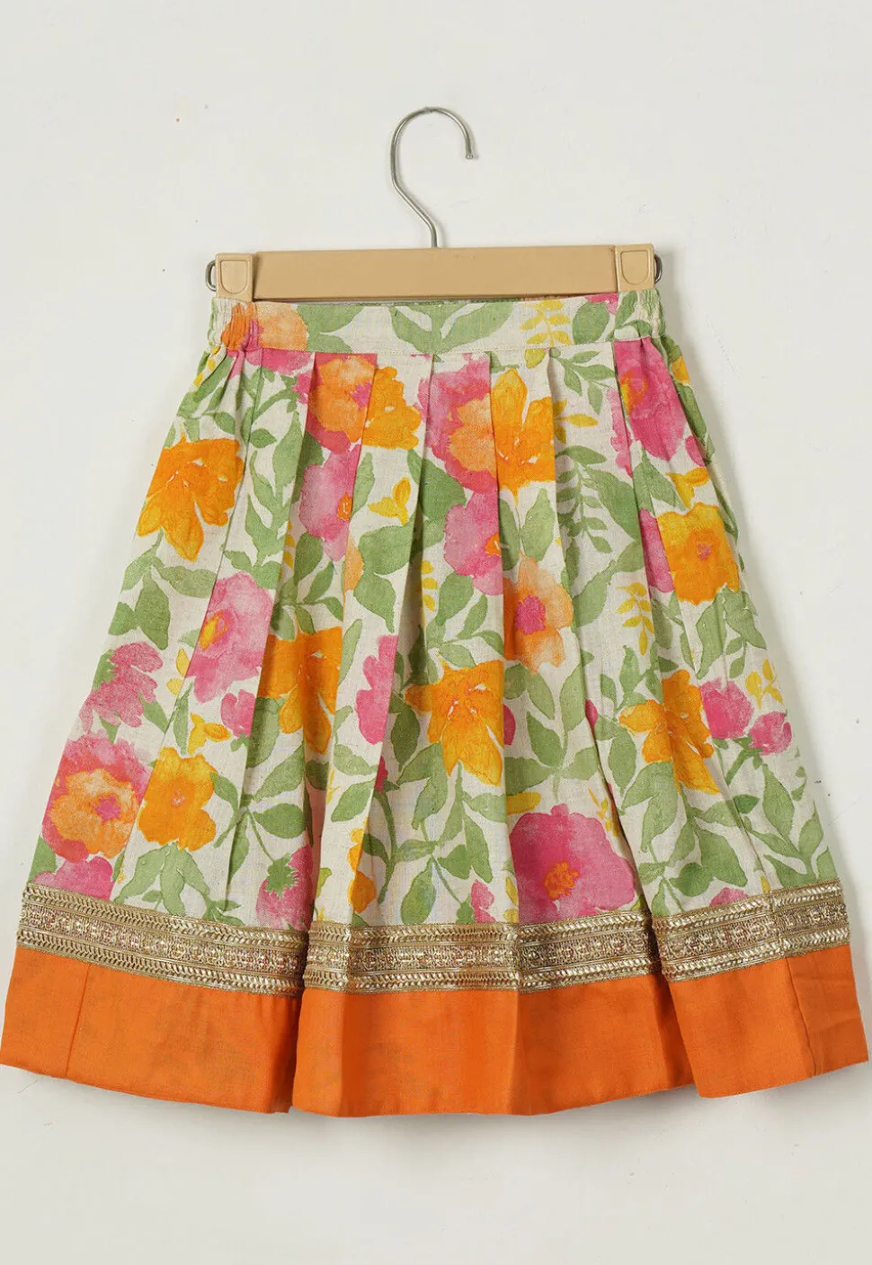 Block Printed Cotton Lehenga in Orange