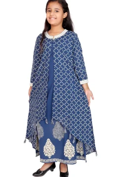 Block Printed Cotton Long Kurta in Blue