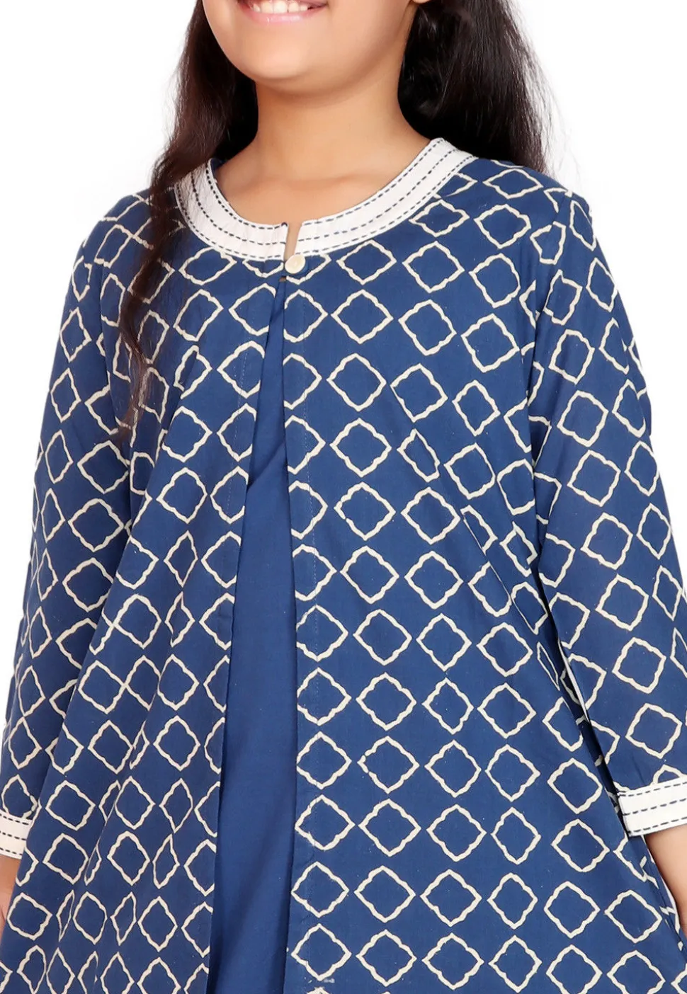 Block Printed Cotton Long Kurta in Blue