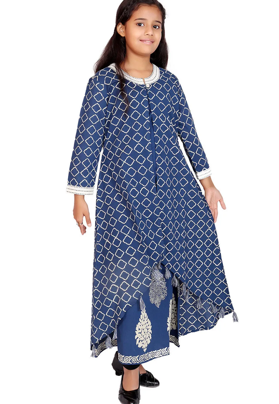 Block Printed Cotton Long Kurta in Blue