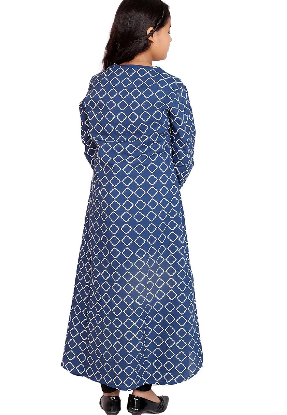 Block Printed Cotton Long Kurta in Blue